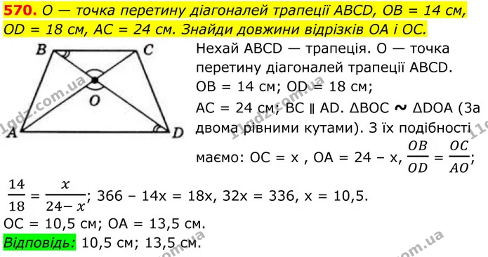 570. O — точка перетину діагоналей трапеції ABCD, OB = 14 см, — ГДЗ Геометрія 8 клас Бевз