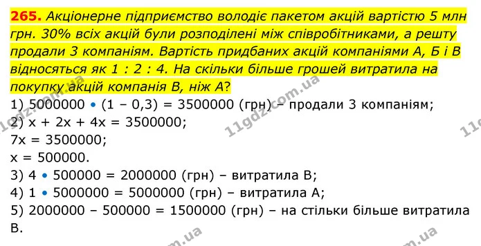 265. Акціонерне підприємство володіє пакетом акцій вартістю 5 млн грн. 30% всіх акцій були розподілені між співробітниками, а решту — ГДЗ Математика 6 клас Бевз 1-2 ч.