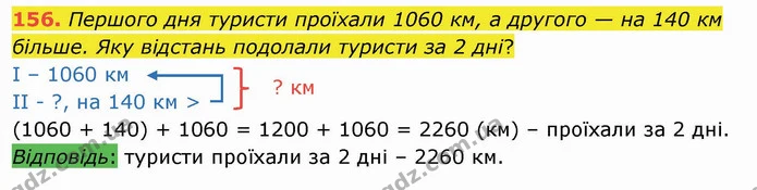 156. Першого дня туристи проїхали 1060 км, а другого — на 140 км більше. Яку відстань подолали туристи за 2 дні? — ГДЗ Математика 4 клас Оляницька