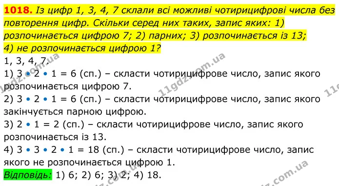 1018. Із цифр 1, 3, 4, 7 склали всі можливі чотирицифрові числа без повторення цифр. Скільки серед них таких, запис яких: 1) — ГДЗ Алгебра 8 клас Тарасенкова