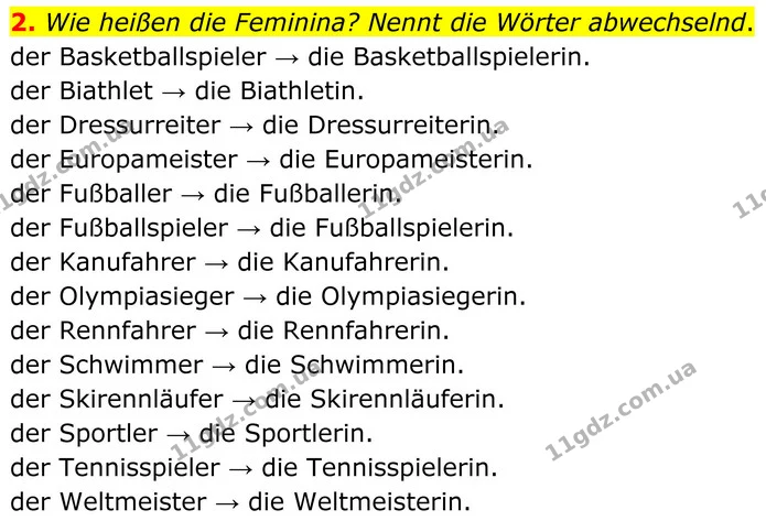 2. Wie heißen die Feminina? Nennt die Wörter abwechselnd. — ГДЗ Німецька мова 8 клас Сотникова (2025) 4 рік