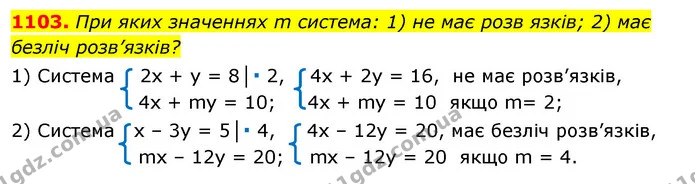 1103. При яких значеннях m система: 1) не має розв язків; 2) має безліч розв’язків? — ГДЗ Алгебра 7 клас Істер 2020