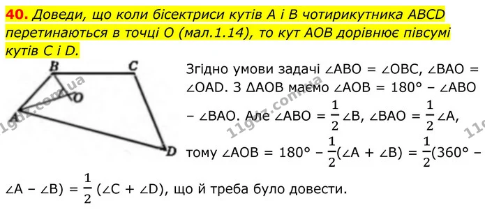 40. Доведи, що коли бісектриси кутів A і B чотирикутника ABCD перетинаються в точці O (мал.1.14), то кут AOB дорівнює півсумі кутів C і — ГДЗ Геометрія 8 клас Бевз