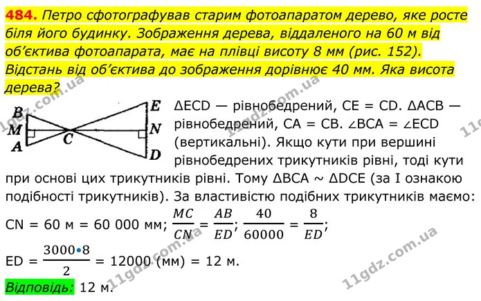 484. Петро сфотографував старим фотоапаратом дерево, яке росте біля його будинку. Зображення дерева, віддаленого на 60 м від об’єктива — ГДЗ Геометрія 8 клас Мерзляк
