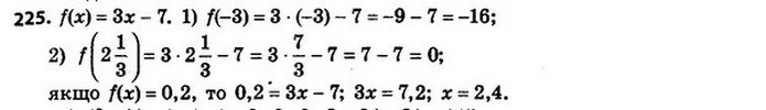 225. Знайдіть значення функції f (x) = 3x – 7 при: 1) x = –3; — ГДЗ Алгебра 8 клас Мерзляк, Полонський 2021