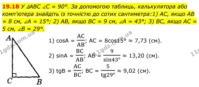 19.18 У ∆ABC ∠C = 90°. За допомогою таблиць, калькулятора або комп’ютера знайдіть із точністю до сотих сантиметра:1) AC, якщо AB = 8 — ГДЗ Геометрія 8 клас Істер