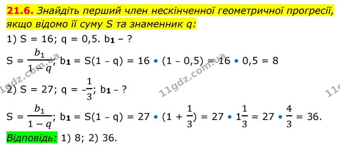 21.6. Знайдіть перший член нескінченної геометричної прогресії, — ГДЗ Алгебра 9 клас Істер