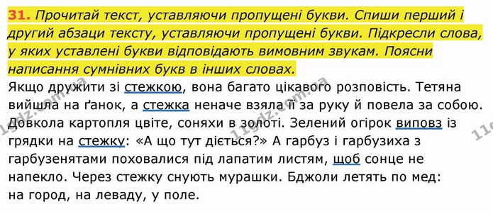 31. Прочитай текст, уставляючи пропущені букви. Спиши перший і другий абзаци тексту, уставляючи пропущені букви. Підкресли слова, у — ГДЗ Українська мова та читання 4 клас Захарійчук