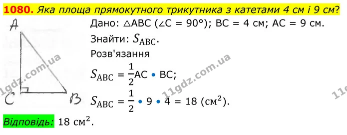 1080. Яка площа прямокутного трикутника з катетами 4 см і 9 см? — ГДЗ Геометрія 8 клас Бурда