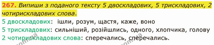 267. Випиши з поданого тексту 5 двоскладових, 5 трискладових, 2 чотирискладових слова. — ГДЗ Українська мова 5 клас Онатій