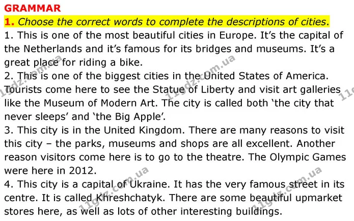 1. Choose the correct words to complete the descriptions of cities. — ГДЗ робочий зошит Англійська мова 7 клас Prepare