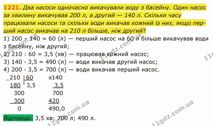 1221. Два насоси одночасно викачували воду з басейну. Один насос за хвилину викачував 200 л, а другий — 140 л. Скільки часу працювали — ГДЗ Математика 5 клас Мерзляк