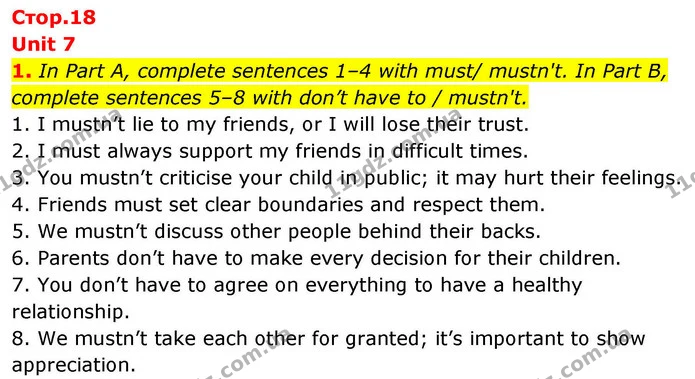 1. In Part A, complete sentences 1–4 with must/ mustn't. In Part B, complete sentences 5–8 with don’t have to / mustn't. — ГДЗ зошит Grammar Англійська мова 8 клас Prepare 2025