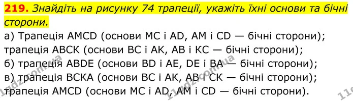 219. Знайдіть на рисунку 74 трапеції, укажіть їхні основи та бічні — ГДЗ Геометрія 8 клас Мерзляк