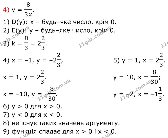 452. Дано функцію: Знайдіть: 1) область визначення функції; 2) область значень функції; 3) коефіцієнт k; 4) значення у, якщо х = –1; 1 — ГДЗ Алгебра 8 клас Тарасенкова