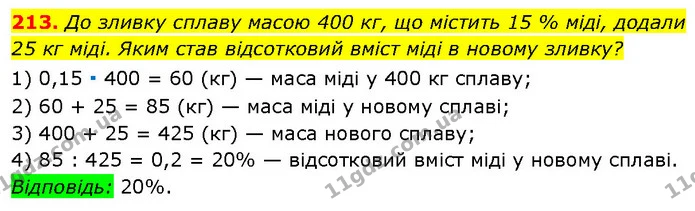 213. До зливку сплаву масою 400 кг, що містить 15 % міді, додали — Алгебра 7 клас Мерзляк 2024