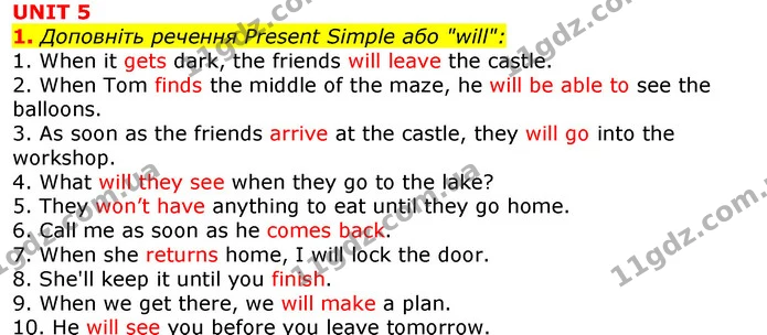 1. Доповніть речення Present Simple або "will": — ГДЗ граматика Англійська мова 11 клас Карпюк