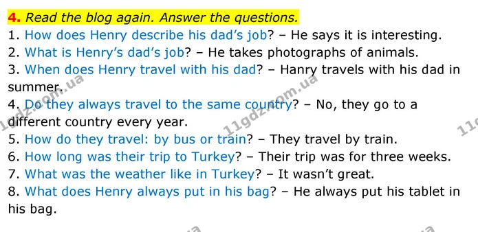 4. Read the blog again. Answer the questions. — ГДЗ Робочий зошит Англійська мова 5 клас Коста (prepare 5)