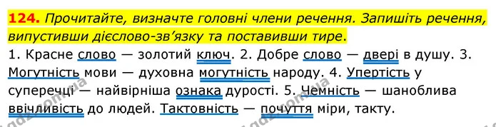 124. Прочитайте, визначте головнi члени речення. Запишiть речення, випустивши дієслово-зв’язку та поставивши тире. — ГДЗ Українська мова 8 клас Глазова О.П. 2021