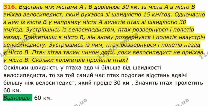 316. Відстань між містами A і B дорівнює 30 км. Із міста A в місто B виїхав велосипедист, який рухався зі швидкістю 15 км/год — ГДЗ Математика 5 клас Мерзляк