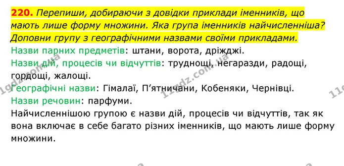 220. Перепиши, добираючи з довідки приклади іменників, що — ГДЗ Українська мова 6 клас Онатій
