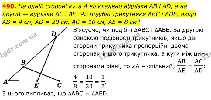 490. На одній стороні кута А відкладено відрізки AB і AD, а на — ГДЗ Геометрія 8 клас Мерзляк
