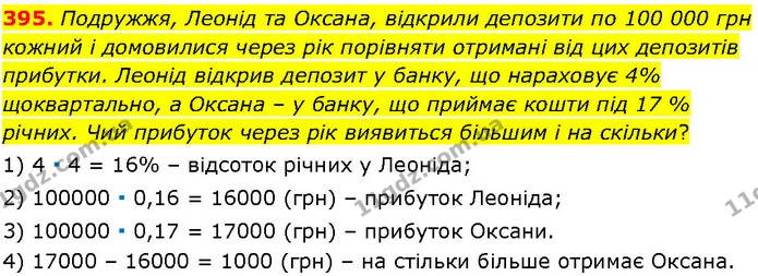 395. Подружжя, Леонід та Оксана, відкрили депозити по 100 000 грн кожний і домовилися через рік порівняти отримані від цих депозитів — ГДЗ Алгебра 7 клас Істер 2024