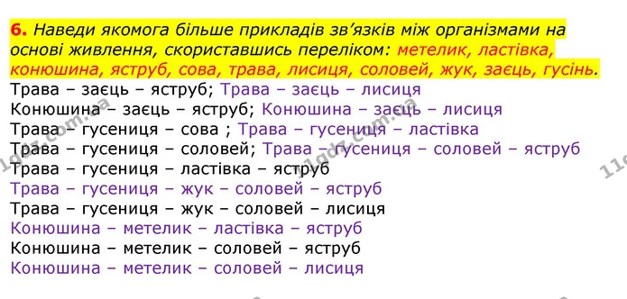 6. Наведи якомога більше прикладів зв’язків між організмами на основі живлення, скориставшись переліком: метелик, ластівка, конюшина — ГДЗ Природознавство 5 клас Коршевнюк