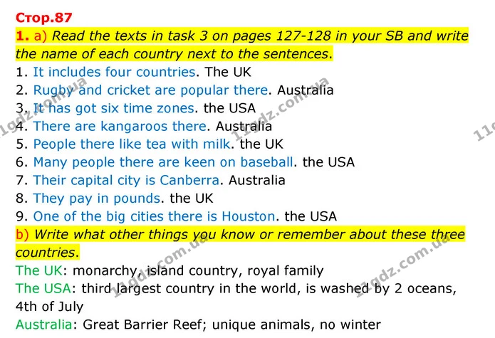 1. a) Read the texts in task 3 on pages 127-128 in your SB and write the name of each country next to the sentences. — ГДЗ Робочий зошит Англійська мова 5 клас Карпюк