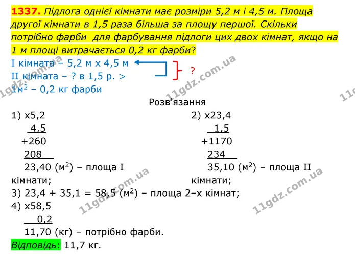 1337. Підлога однієї кімнати має розміри 5,2 м і 4,5 м. Площа — ГДЗ Математика 5 клас Бевз