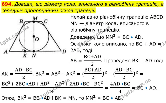 694. Доведи, що діаметр кола, вписаного в рівнобічну трапецію, є середнім пропорційним основ трапеції. — ГДЗ Геометрія 8 клас Бевз