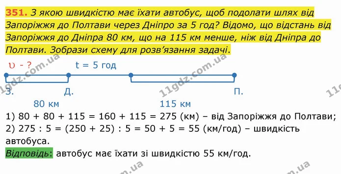 351. З якою швидкістю має їхати автобус, щоб подолати шлях від Запоріжжя до Полтави через Дніпро за 5 год? Відомо, що відстань від — ГДЗ Математика 4 клас Заїка