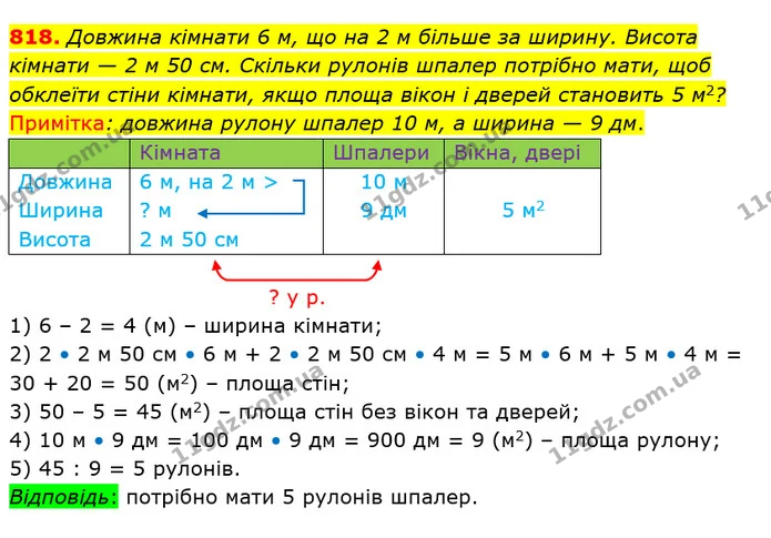 818. Довжина кімнати 6 м, що на 2 м більше за ширину. Висота кімнати — 2 м 50 см. Скільки рулонів шпалер потрібно мати, щоб обклеїти — ГДЗ Математика 4 клас Лишенко 1-2 ч.