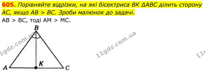 605. Порівняйте відрізки, на які бісектриса BК ∆ABC ділить сторону AC, якщо AB > BC. Зроби малюнок до задачі. — ГДЗ Геометрія 8 клас Бевз
