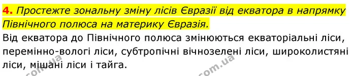 4. Простежте зональну зміну лісів Євразії від екватора в напрямку Північного полюса на материку Євразія. — ГДЗ Географія 7 клас Безуглий