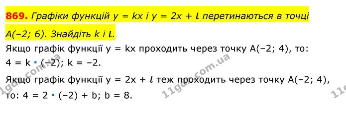869. Графіки функцій y = kx i y = 2x + ι перетинаються в точці — ГДЗ Алгебра 7 клас Істер 2020