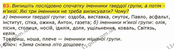 83. Випишіть послідовно спочатку іменники твердої групи, а потім - м’якої. Які три іменники не треба виписувати? Чому? — ГДЗ Українська мова 6 клас Заболотний 2019