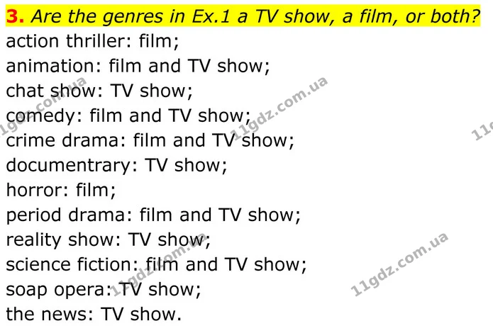 3. Are the genres in Ex.1 a TV show, a film, or both? — ГДЗ Англійська мова 8 клас Стайрінг (Prepare)
