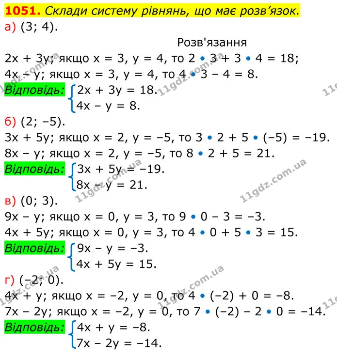 1051. Склади систему рівнянь, що має розв’язок. — ГДЗ Алгебра 7 клас Бевз
