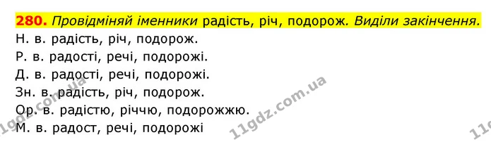 280. Провідміняй іменники радість, річ, подорож. Виділи закінчення. — ГДЗ Українська мова 6 клас Онатій