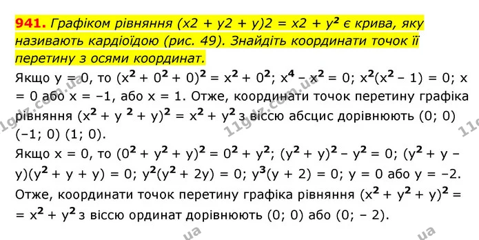 941. Графіком рівняння (x2 + y2 + y)2 = x2 + y2 є крива, яку називають кардіоїдою (рис. 49). Знайдіть координати точок її перетину з — ГДЗ Алгебра 7 клас Мерзляк, Полонський 2015