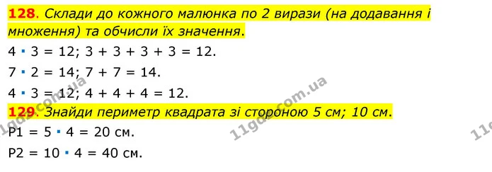 128. Склади до кожного малюнка по 2 вирази (на додавання і множення) та обчисли їх значення. — ГДЗ Математика 3 клас Бевз 1 частина