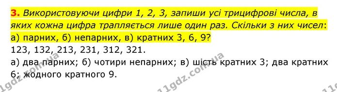 3. Використовуючи цифри 1, 2, 3, запиши усі трицифрові числа, в яких кожна цифра трапляється лише один раз. Скільки з них чисел: а) — ГДЗ Математика 6 клас Бевз 1-2 ч.