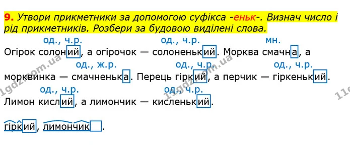 9. Утвори прикметники за допомогою суфікса -еньк-. Визнач число і рід прикметників. Розбери за будовою виділені слова. — ГДЗ Українська мова та читання 3 клас Большакова 1-2 ч.