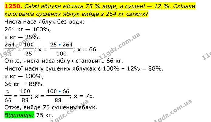 1250. Свіжі яблука містять 75 % води, а сушені — 12 %. Скільки кілограмів сушених яблук вийде з 264 кг свіжих? — ГДЗ Математика 6 клас Мерзляк 2023 1-2 ч.