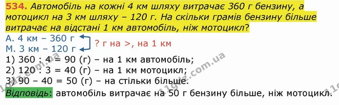 534. Автомобіль на кожні 4 км шляху витрачає 360 г бензину, а мотоцикл на 3 км шляху – 120 г. На скільки грамів бензину більше витрачає — ГДЗ Математика 4 клас Лишенко 1-2 ч.