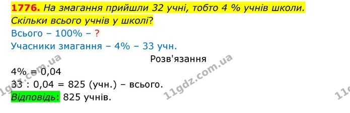 1776. На змагання прийшли 32 учні, тобто 4 % учнів школи. — ГДЗ Математика 5 клас Бевз
