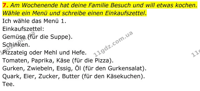 7. Am Wochenende hat deine Familie Besuch und will etwas kochen. Wähle ein Menü und schreibe einen Einkaufszettel. — ГДЗ Німецька мова 8 клас Сотникова (2025) 4 рік