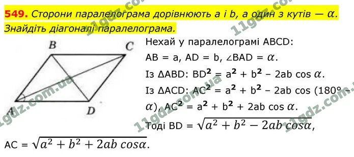 549. Сторони паралелограма дорівнюють a і b, а один з кутів — α. — ГДЗ Геометрія 9 клас Бурда 2026