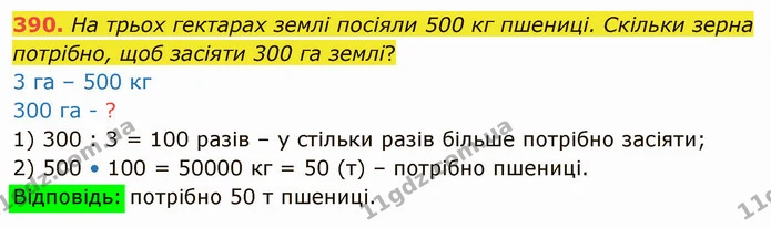 390. На трьох гектарах землі посіяли 500 кг пшениці. Скільки зерна потрібно, щоб засіяти 300 га землі? — ГДЗ Математика 4 клас Оляницька